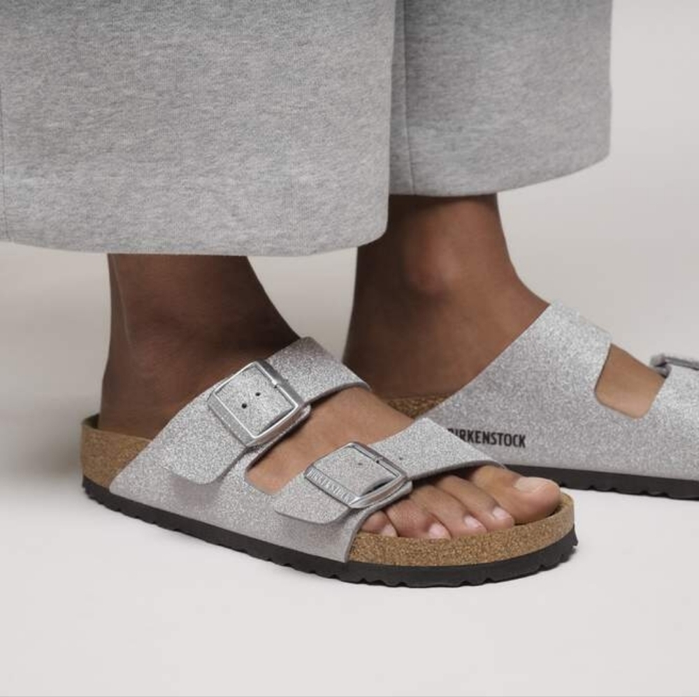 Birkenstock Arizona Silver Glitter Double-buckle Flat Sandals Women's Size 6